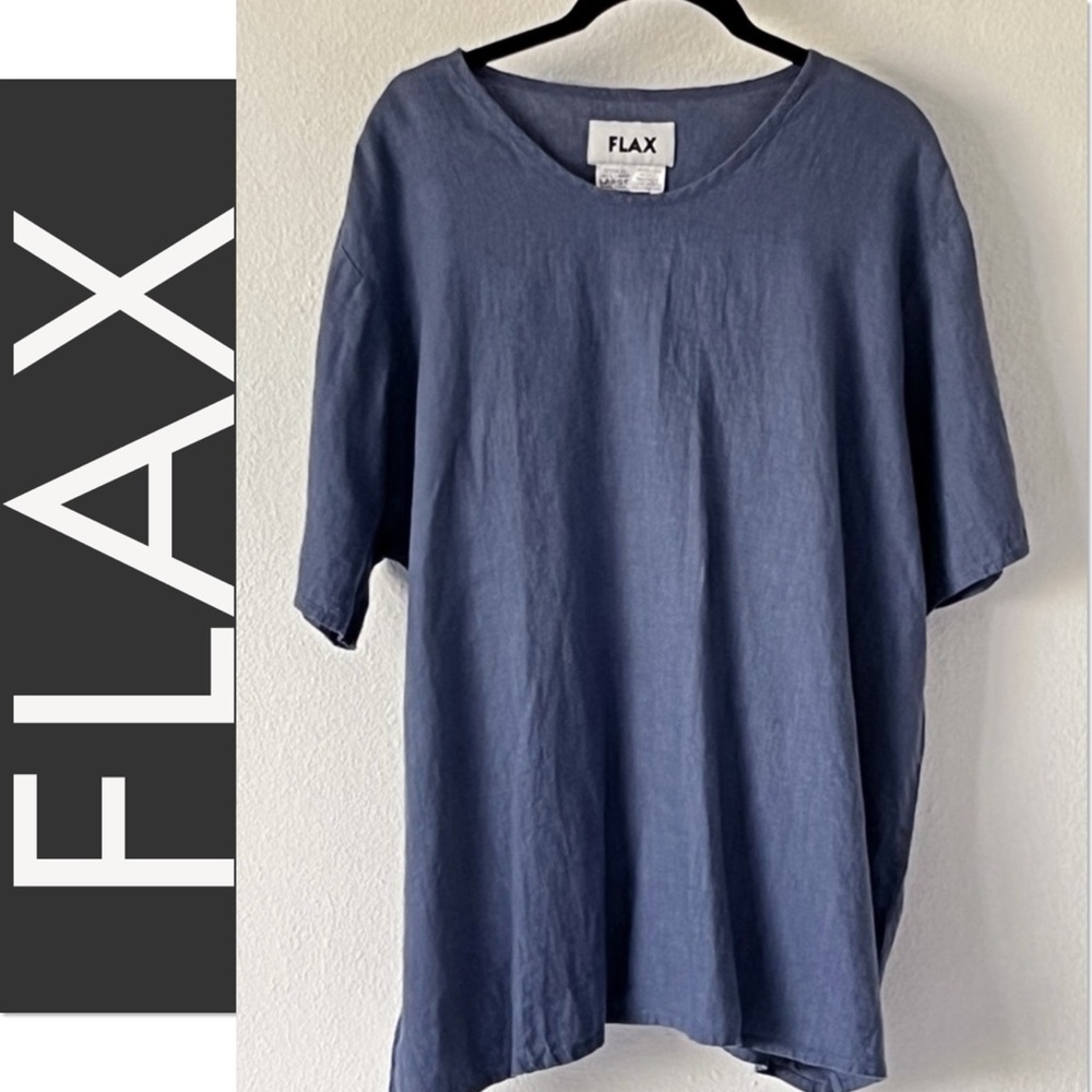 Flax Blue Linen Blue Lagenlook Top Short Sleeve Coastal Grandma NEW Size Large